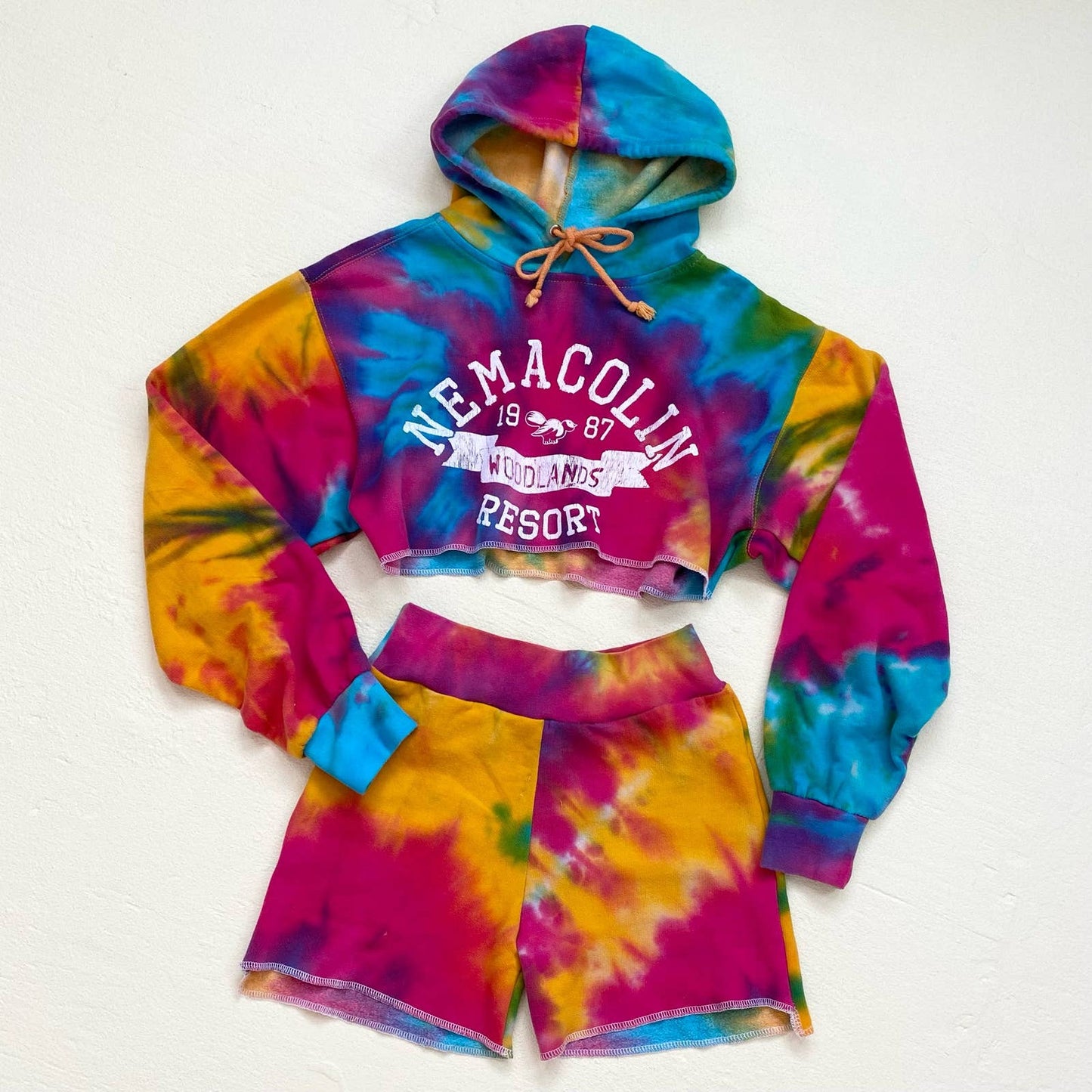 Upcycled Y2K Tie Dye Crop Hoodie & Shorts Set, Size XS
