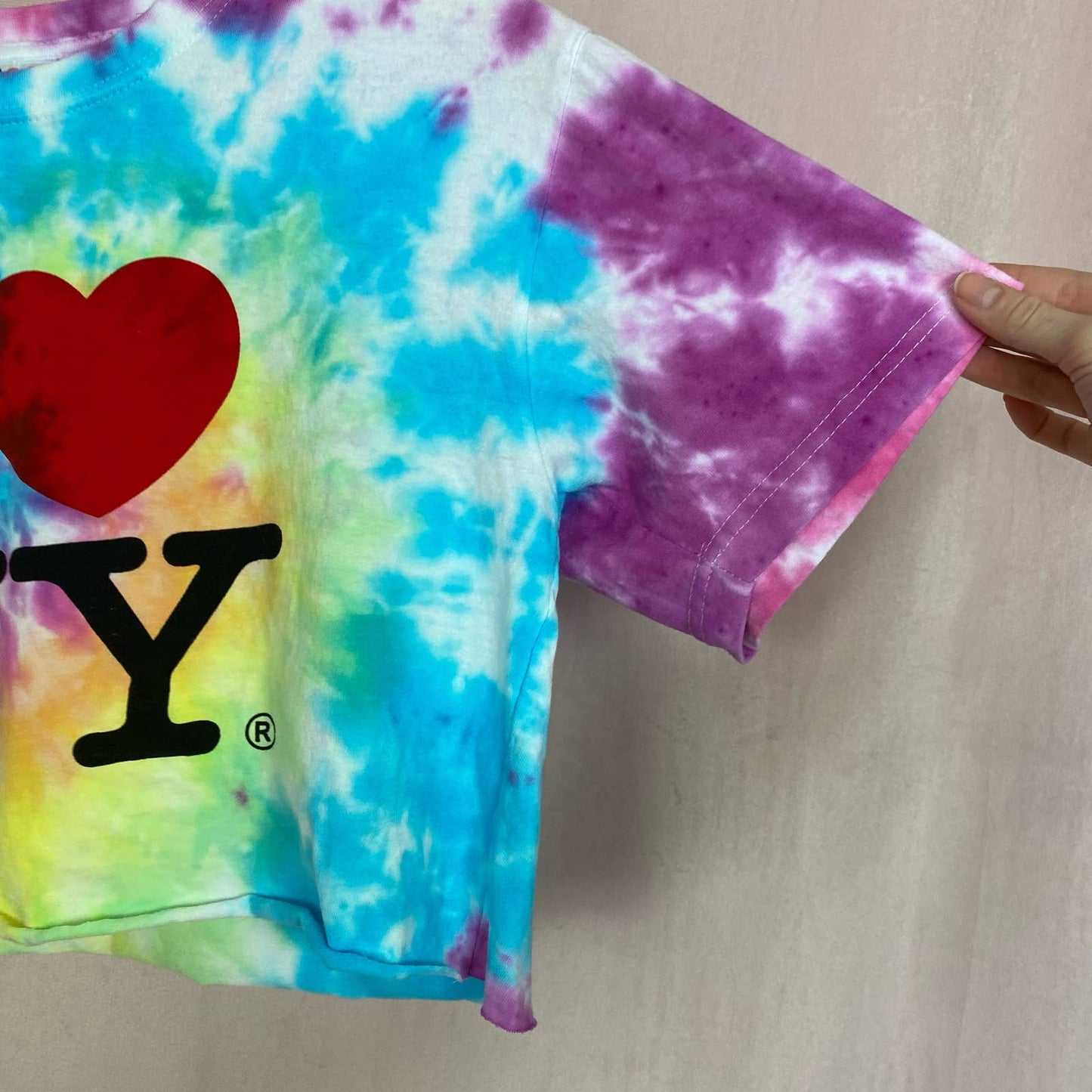 Reworked I Heart NY Rainbow Tie Dye Crop Tee, Size Small
