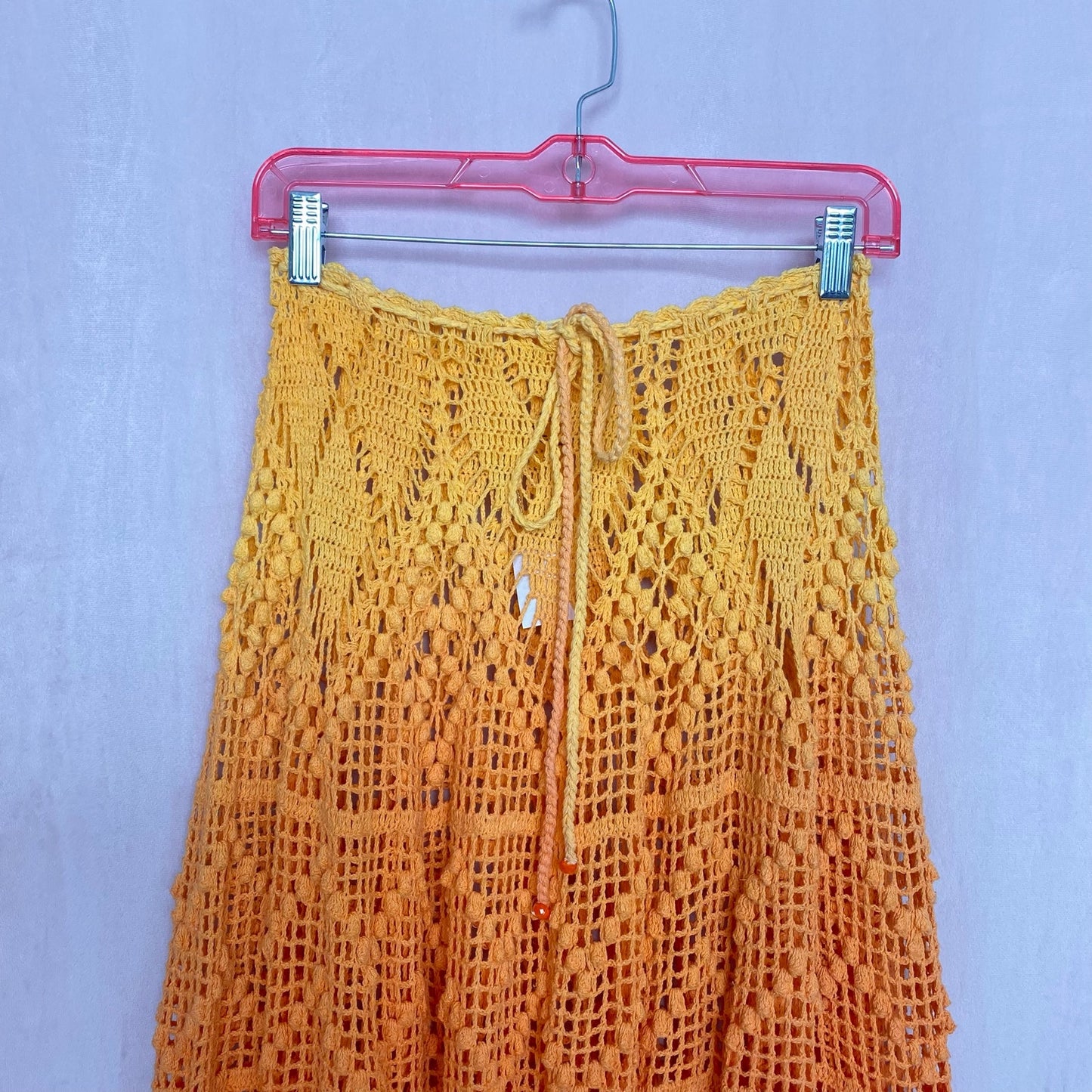 Secondhand Alix Pinho Revolve Sunset Crochet Midi Skirt in Orange, Size Small