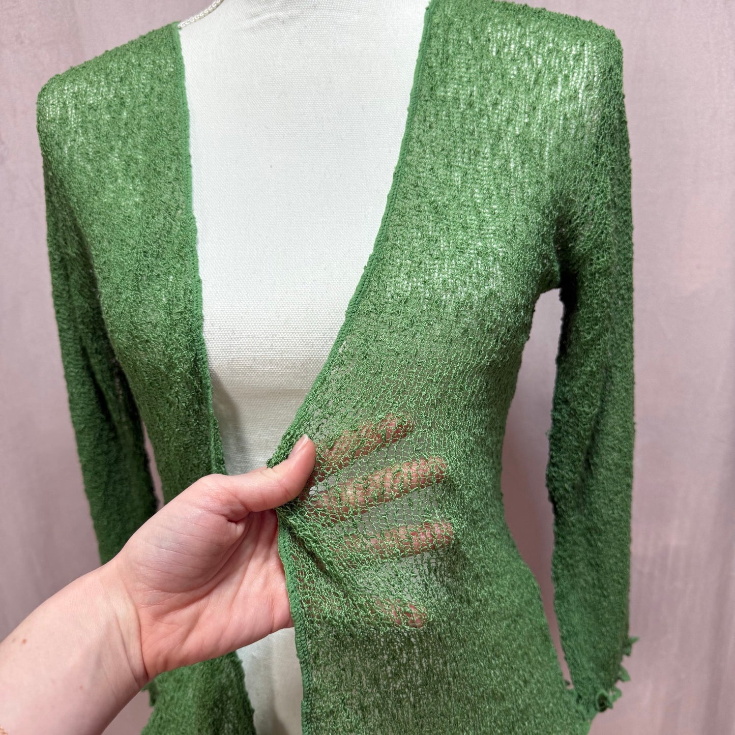 Preowned Shu-Shi Green Crochet Open Tie Front Cardigan, One Size