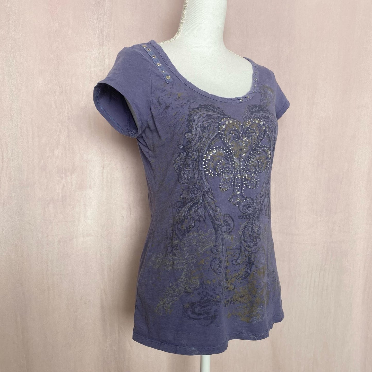 Y2K RXB Rhinestone Fleur De Lis Short Sleeve Top, Size Medium