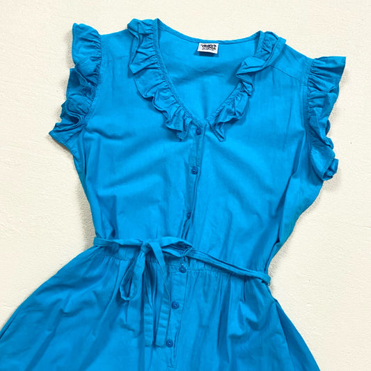 Vintage Oops California Blue Ruffle Trim Button Front Romper, Size M/L