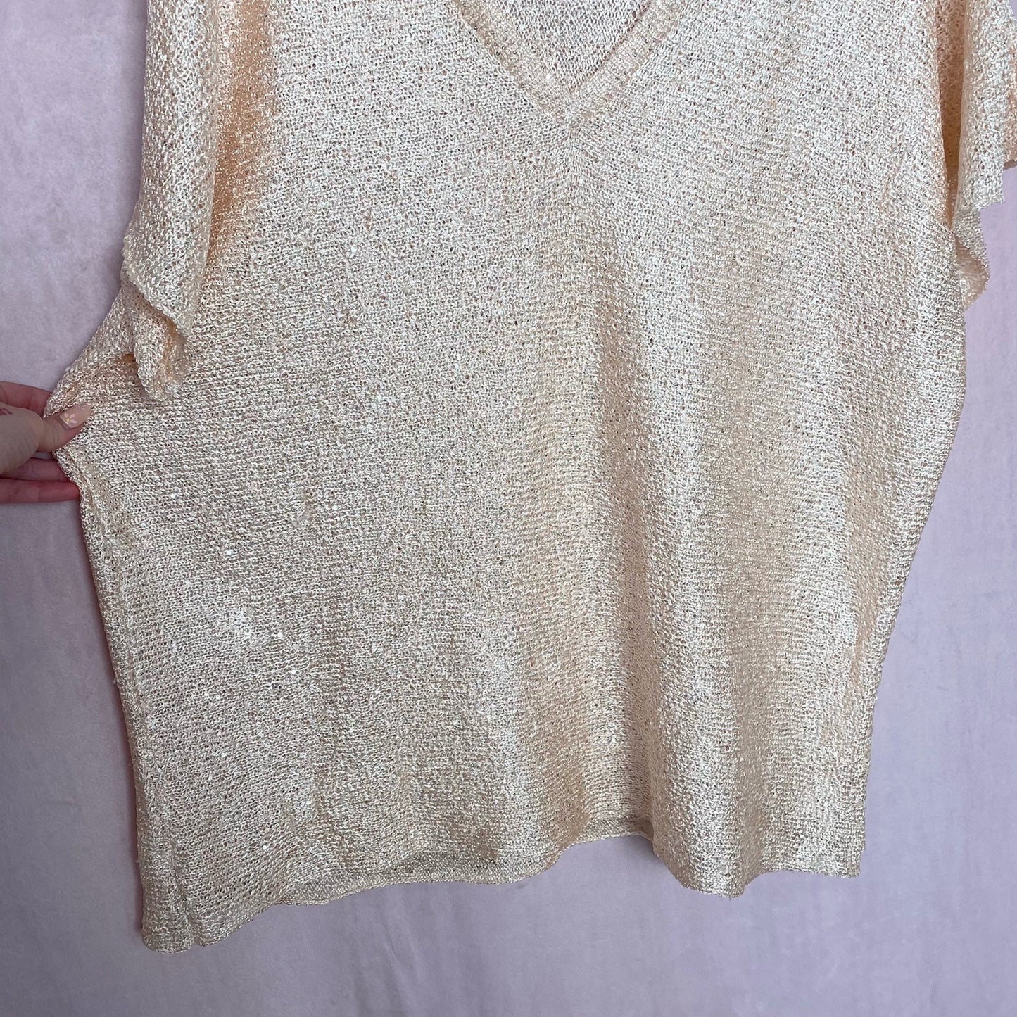 Y2K Cream Sequins Deep V-Neck Short Sleeve Knit Top, Size XL