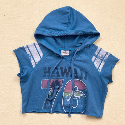 Reworked Y2K Hawaii Distressed Crop Short Sleeve Hoodie, Size XS