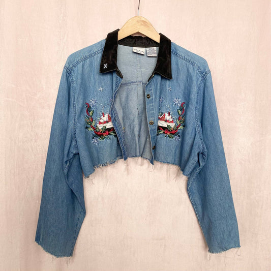 Upcycled Vintage Bobbie Brooks Christmas Embroidered Crop Denim Button Up, Size 3X