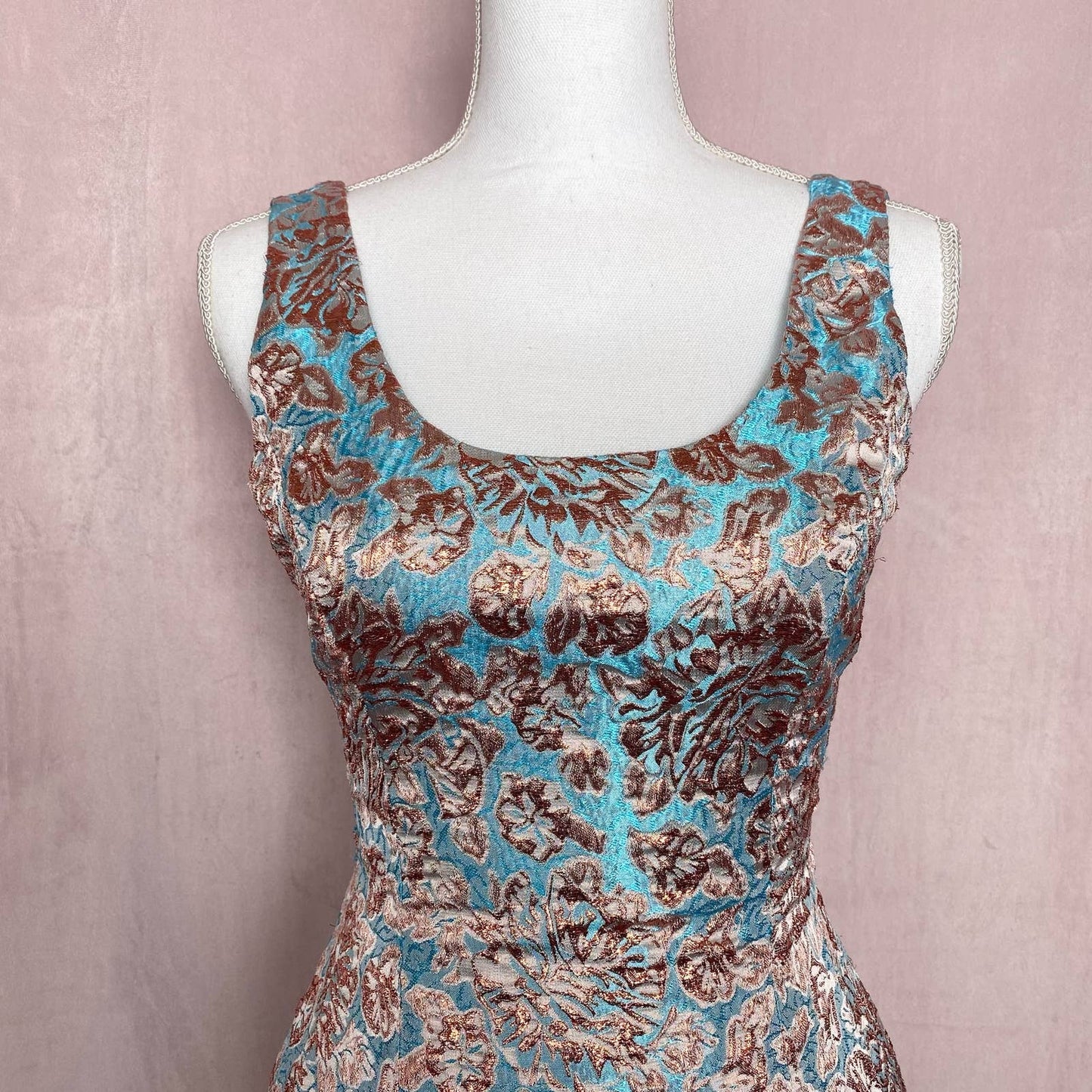 Secondhand Aqua Metallic Rose Gold Blue Floral Formal Dress, Size 0