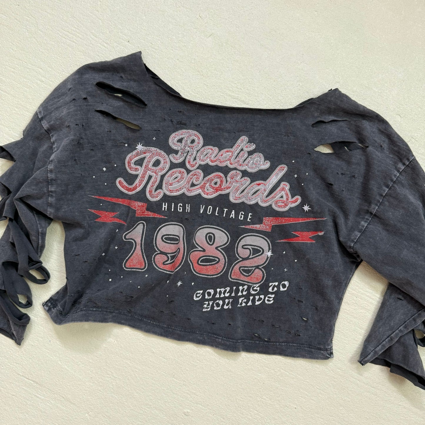 Upcycled Distressed Cutout Retro Graphic Shrug, Size Small