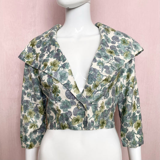 Vintage Handmade Green Floral Linen Crop Blazer, Size Small
