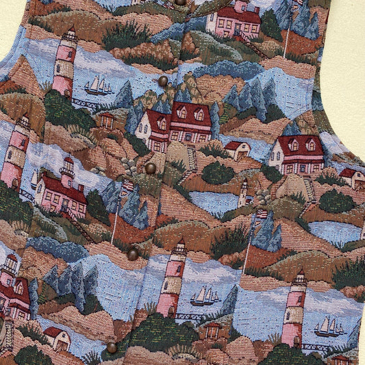 Vintage Blair Tapestry Lighthouse Button Up Vest, Size XL