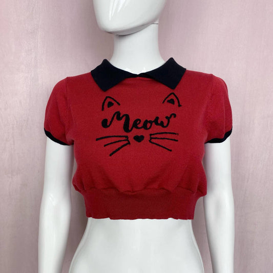 Reworked Meow Cat Short Sleeve Crop Sweater, Size Medium