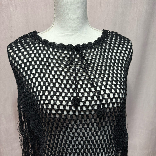 Secondhand Black Crochet Open Knit Fringe Hem Poncho