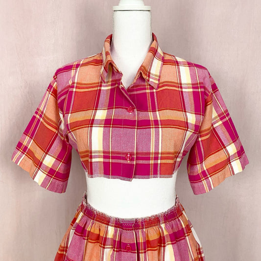 Upcycled Vintage Plaid Crop Shirt & Skirt Set, Size S/M