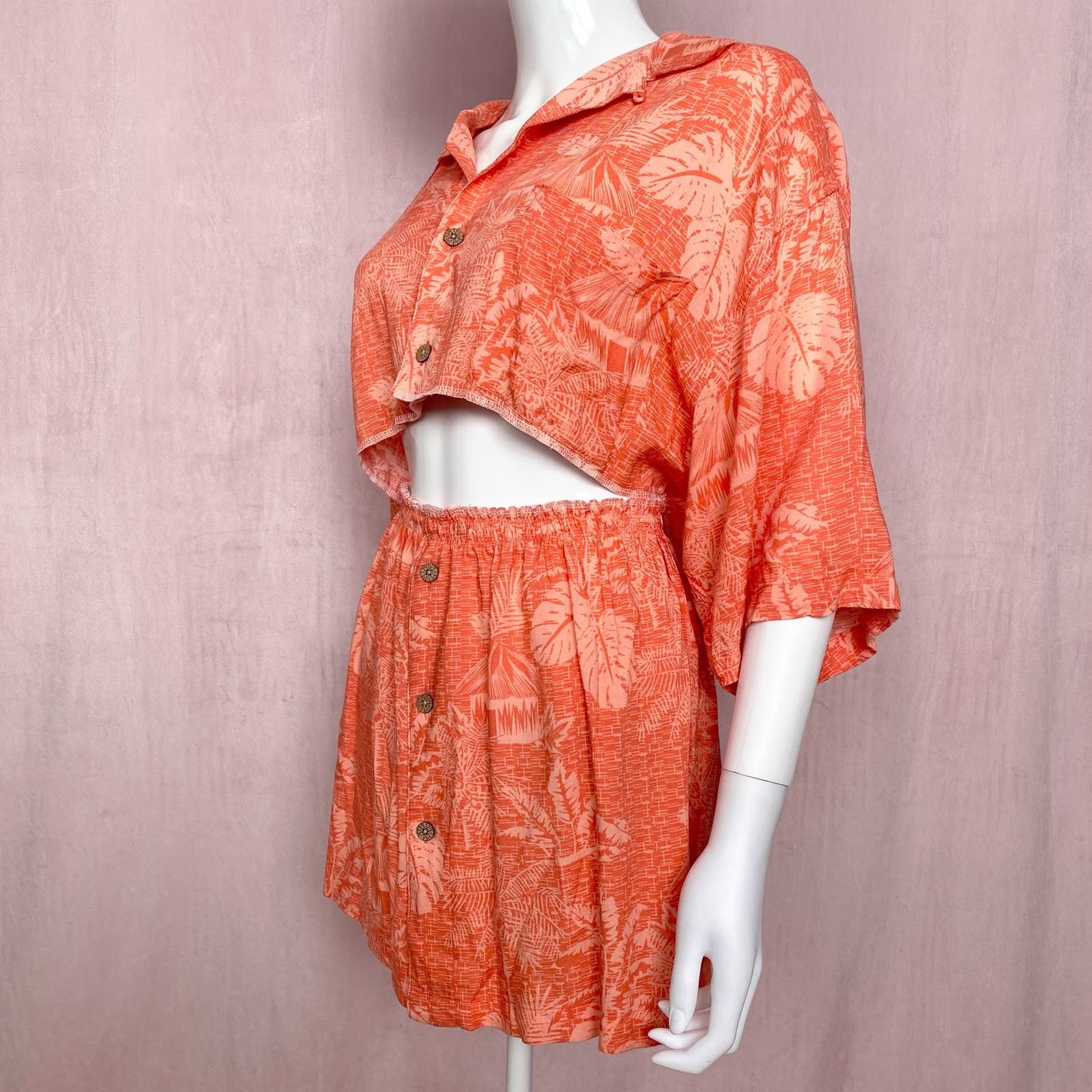 Upcycled Hawaiian Crop Button Up Shirt & Skirt Set, Size Large