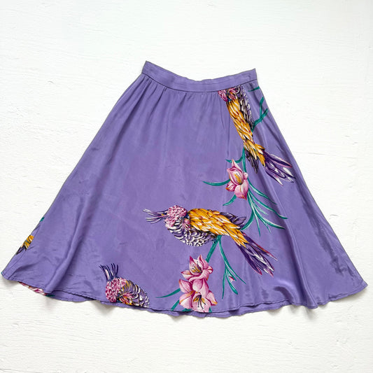 Vintage 80s Contempo Purple Satin Tropical Parrot Floral Skirt, Size XS