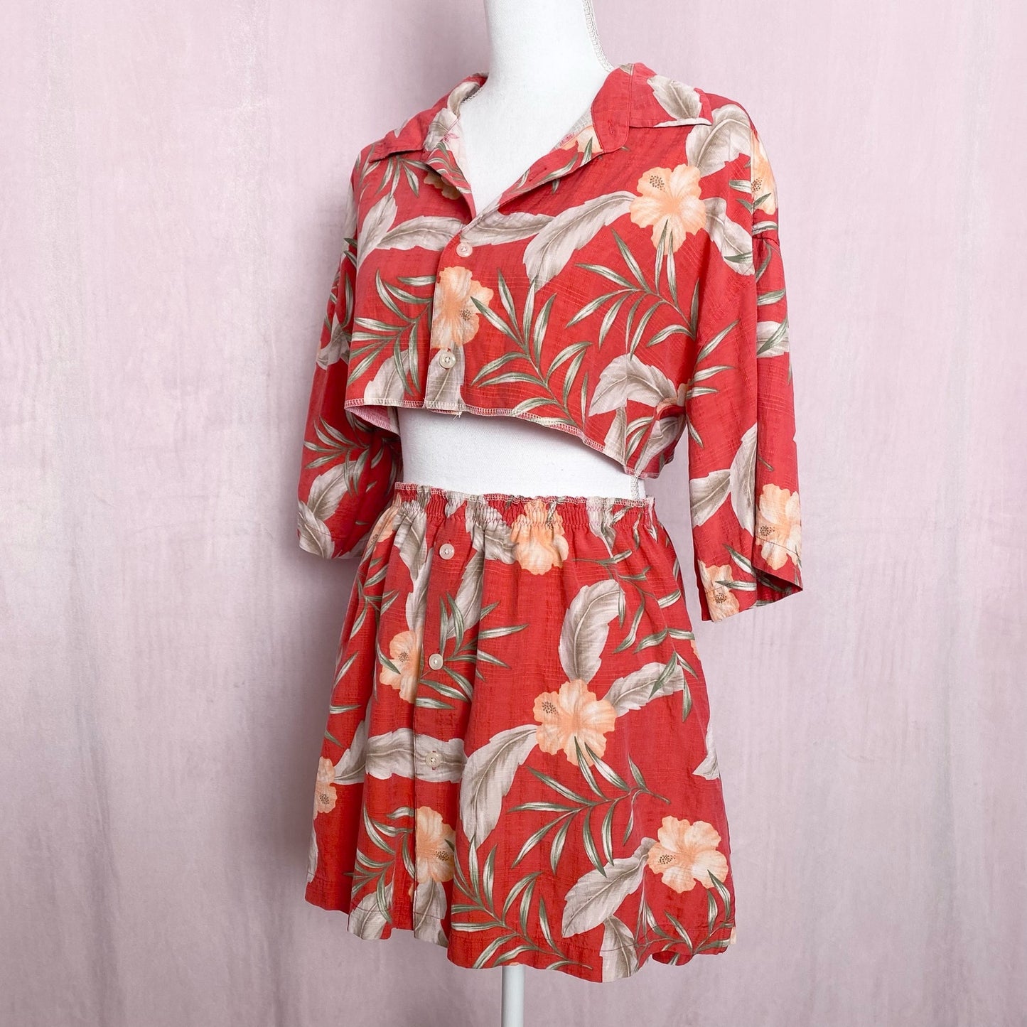 Upcycled Hawaiian Button Front Two Piece Skirt Set, Size M/L