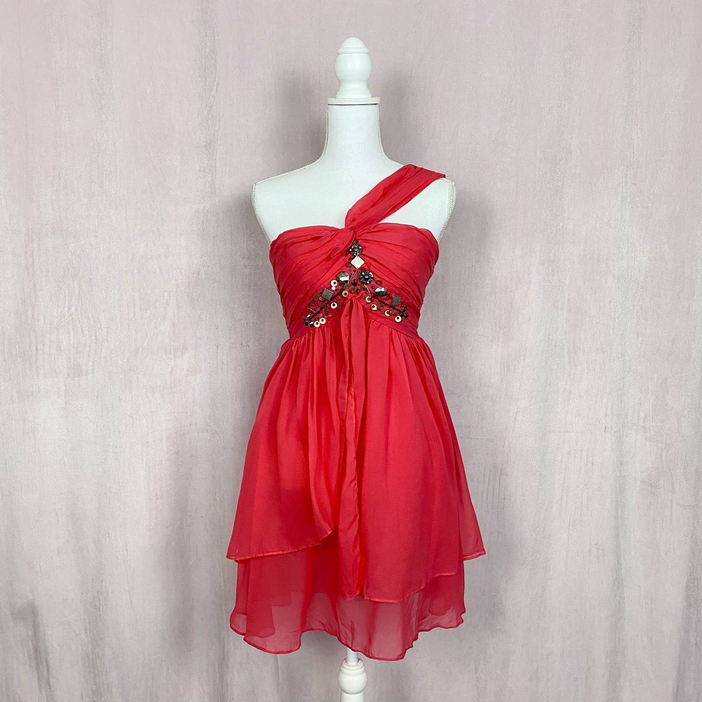 Preowned Marineblu Embellished Chiffon One Shoulder Mini Dress, Size Medium