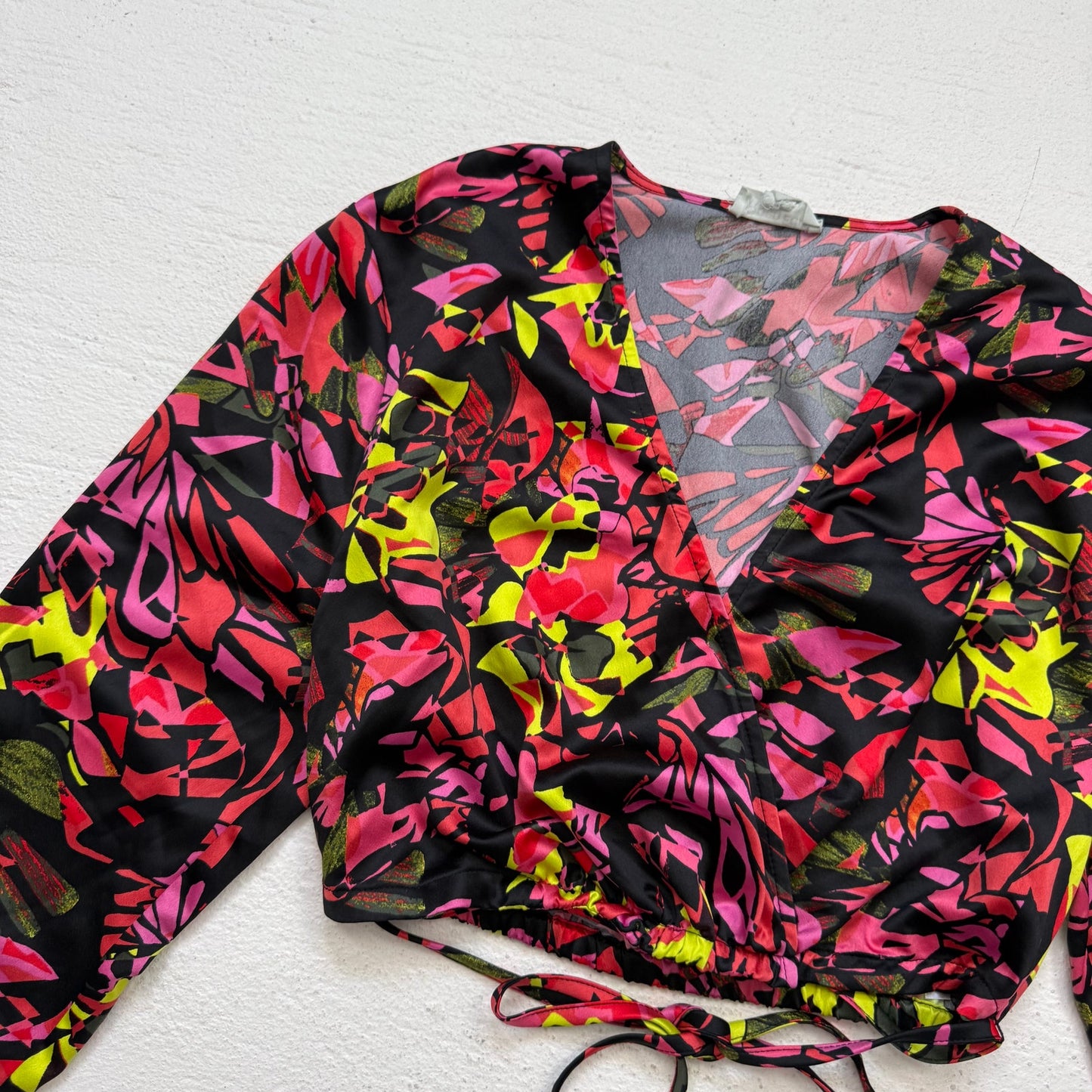 Secondhand Open Edit Satin Floral Wrap Style Crop Top XS Long Sleeve Back Tie Elastic Waist