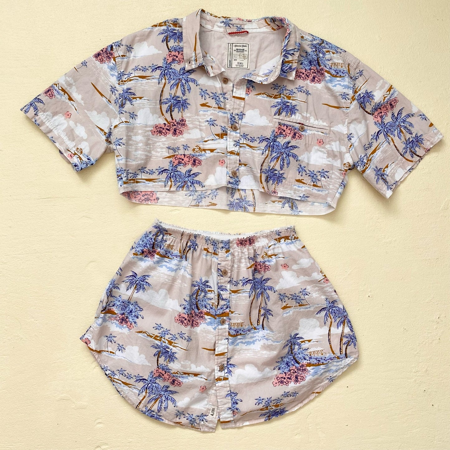 Upcycled Hawaiian Button Front Two Piece Skirt Set, Size Small