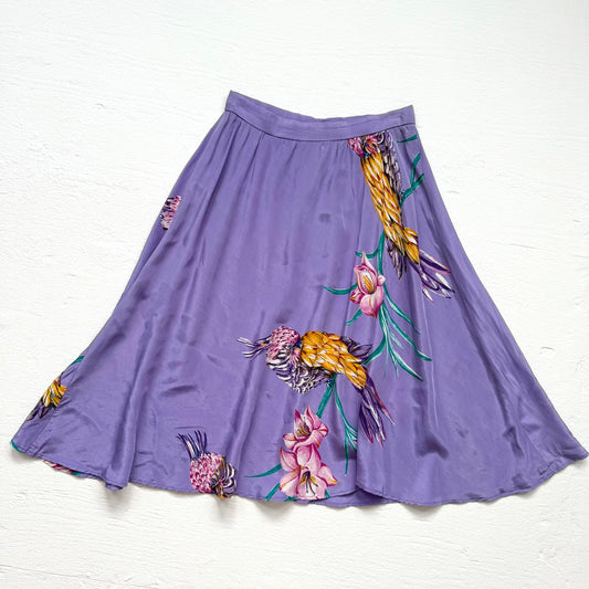 Vintage 80s Contempo Purple Satin Tropical Parrot Floral Skirt, Size XS