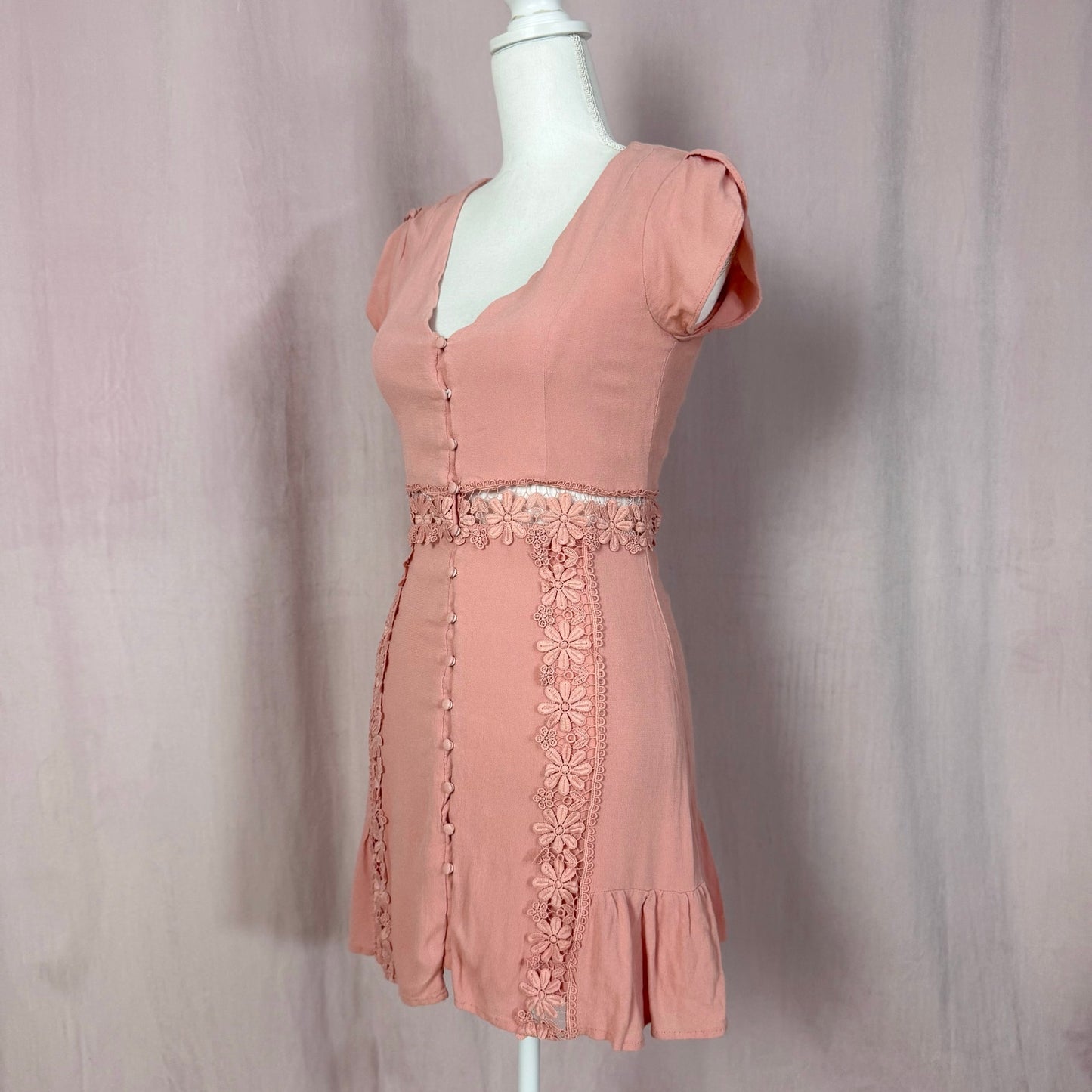 Secondhand Lulus Wistful Wanderer Dusty Pink Lace Mini Dress, Size Small