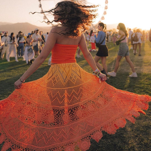 Secondhand Alix Pinho Revolve Sunset Crochet Midi Skirt in Orange, Size Small