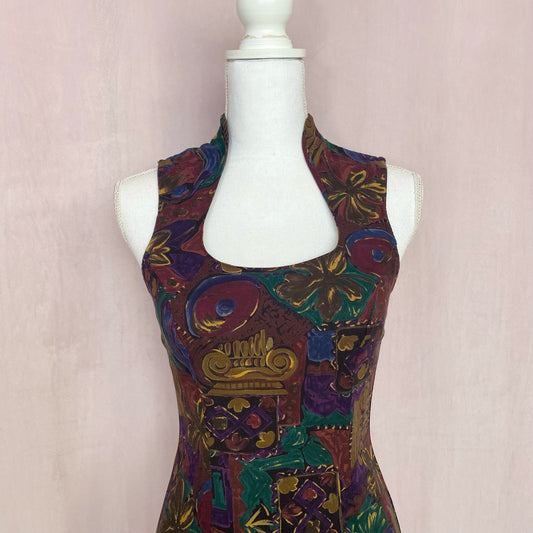 Vintage 80s La Belle Abstract Floral Midi Dress, Size Small