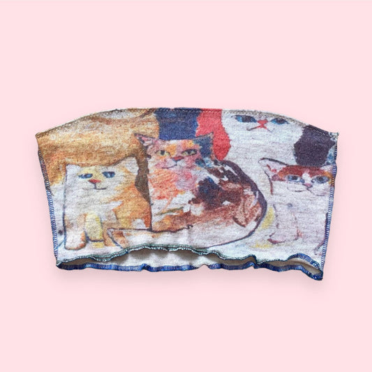 Upcycled Knit Cats Crop Tube Top, Size S/M
