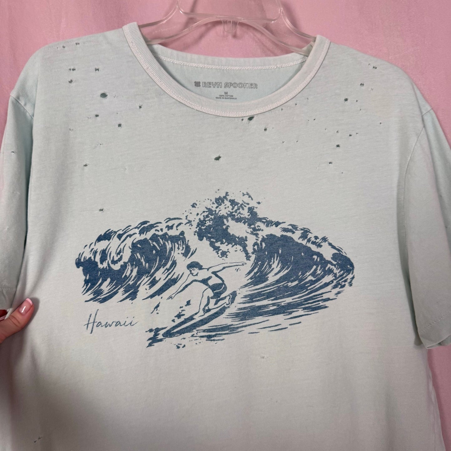 Upcycled Reyn Spooner Hawaii Surf Wave Distressed Tee, Size Medium