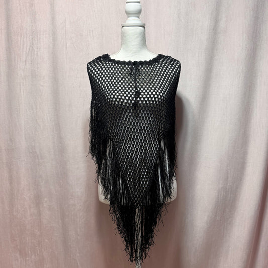 Secondhand Black Crochet Open Knit Fringe Hem Poncho