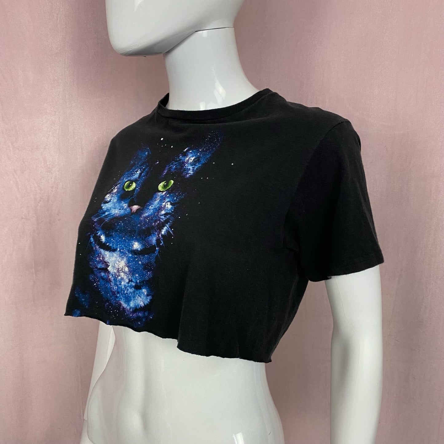 Reworked Galaxy Cat Crop Tee, Size Medium