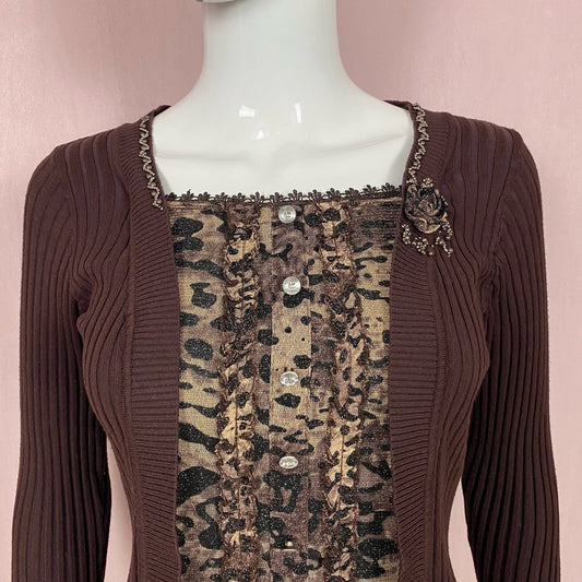 Vintage Ribbed Cardigan Leopard Print Mesh Top, Size Small