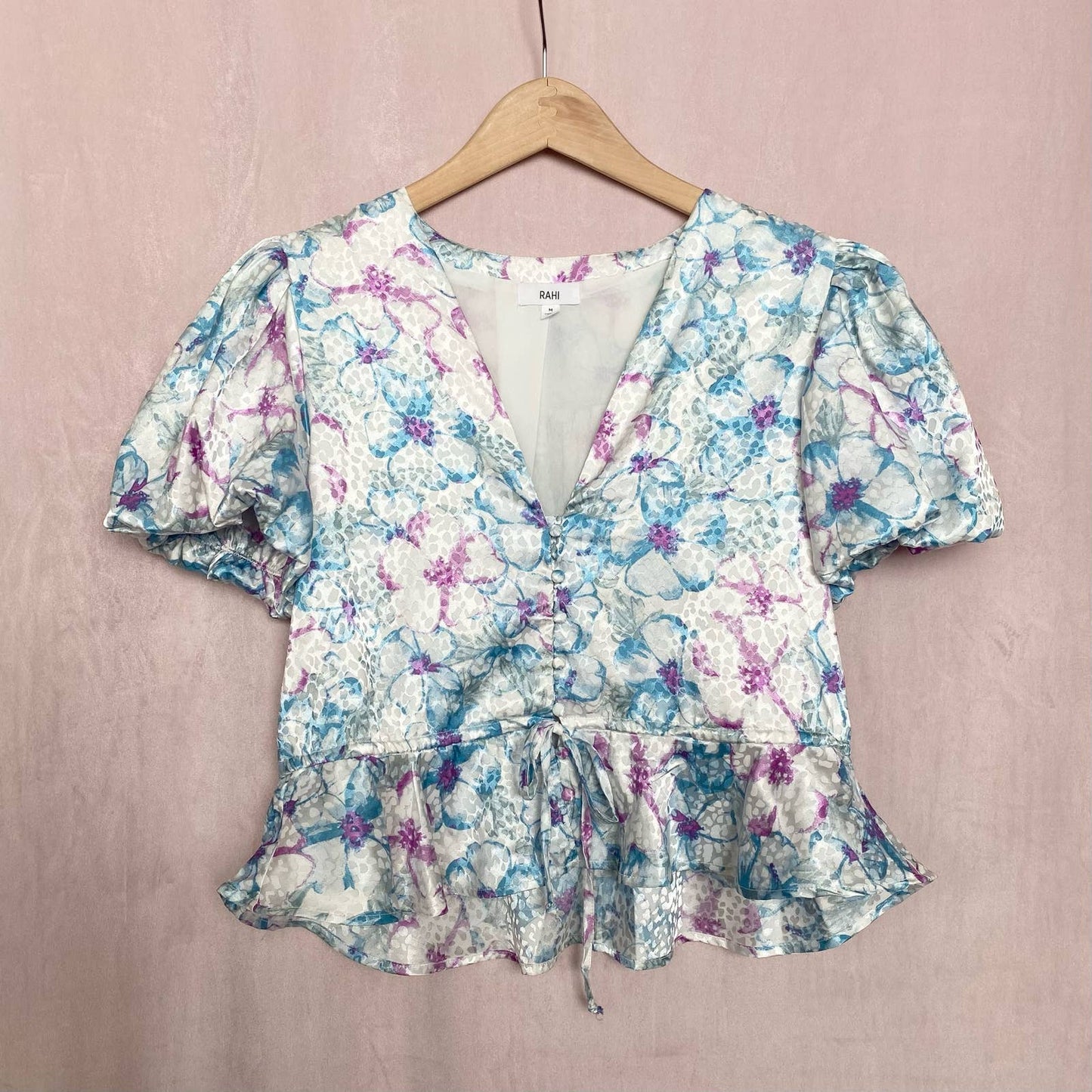 Secondhand Rahi Floral Puff Sleeve V-Neck Button Up Blouse, Size Medium