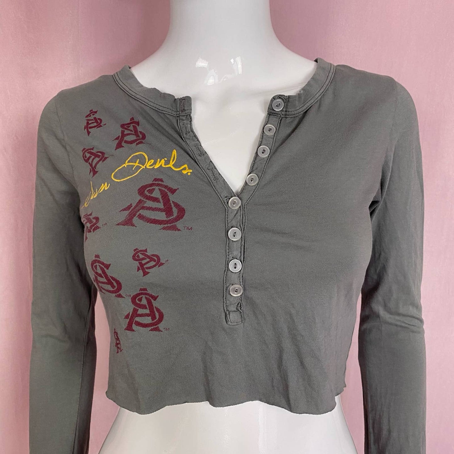 Reworked ASU Sun Devils 1/2 Button Crop Long Sleeve, Size Small