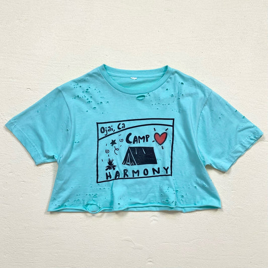 Upcycled Ojai CA Camp Harmony Distressed Crop Tee