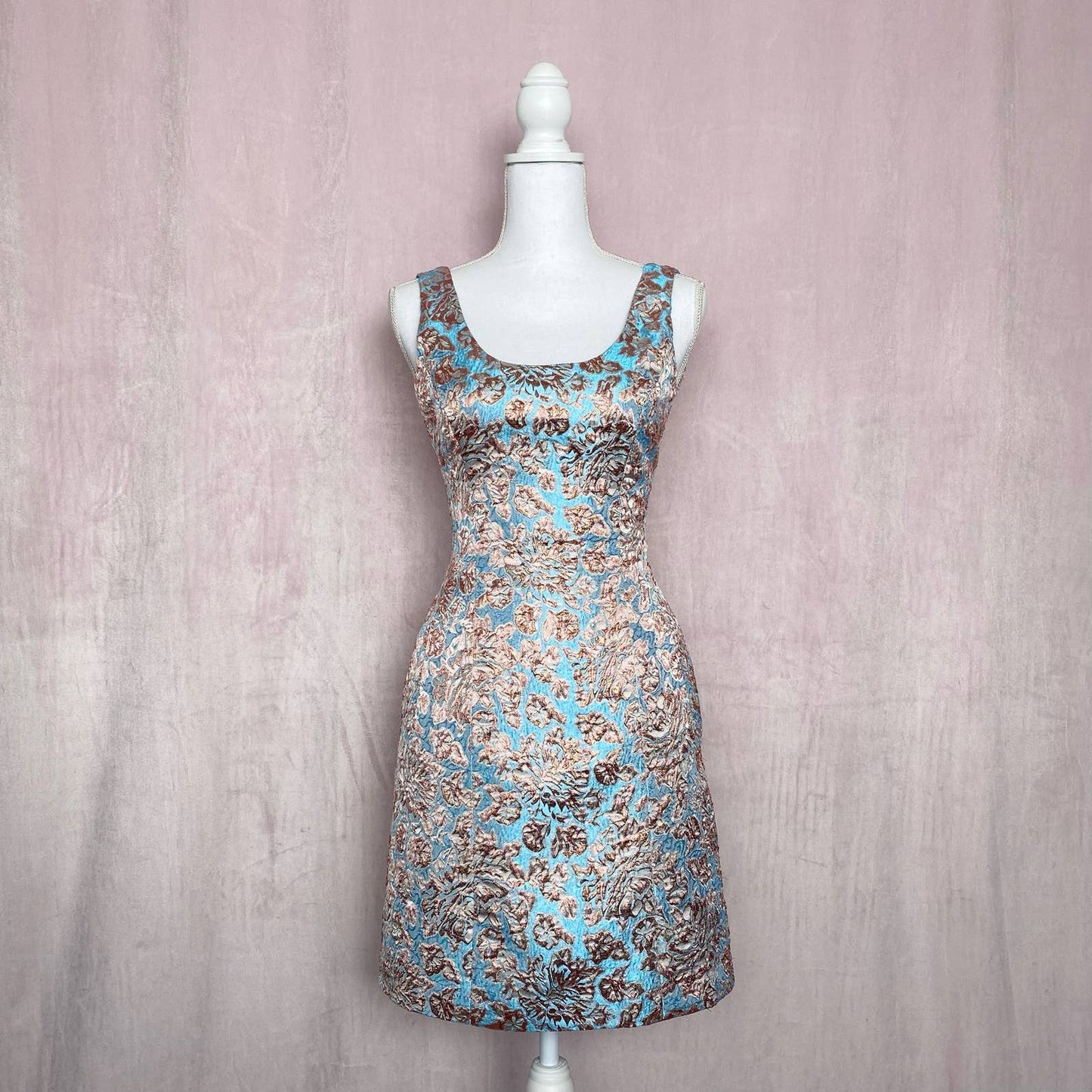 Secondhand Aqua Metallic Rose Gold Blue Floral Formal Dress, Size 0