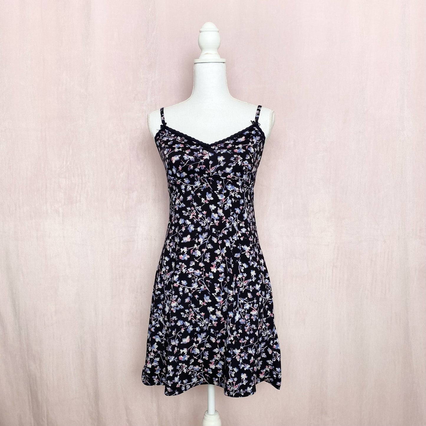 Y2K Floral Lace Trim Chemise Mini Dress, Size Medium