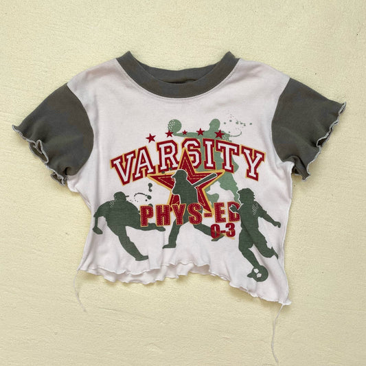 Upcycled Varsity Graphic Asymmetrical Crop Baby Tee, Size Small