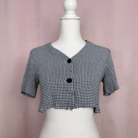 Reworked Vintage Gingham Crop Button Up Shirt, Size XS