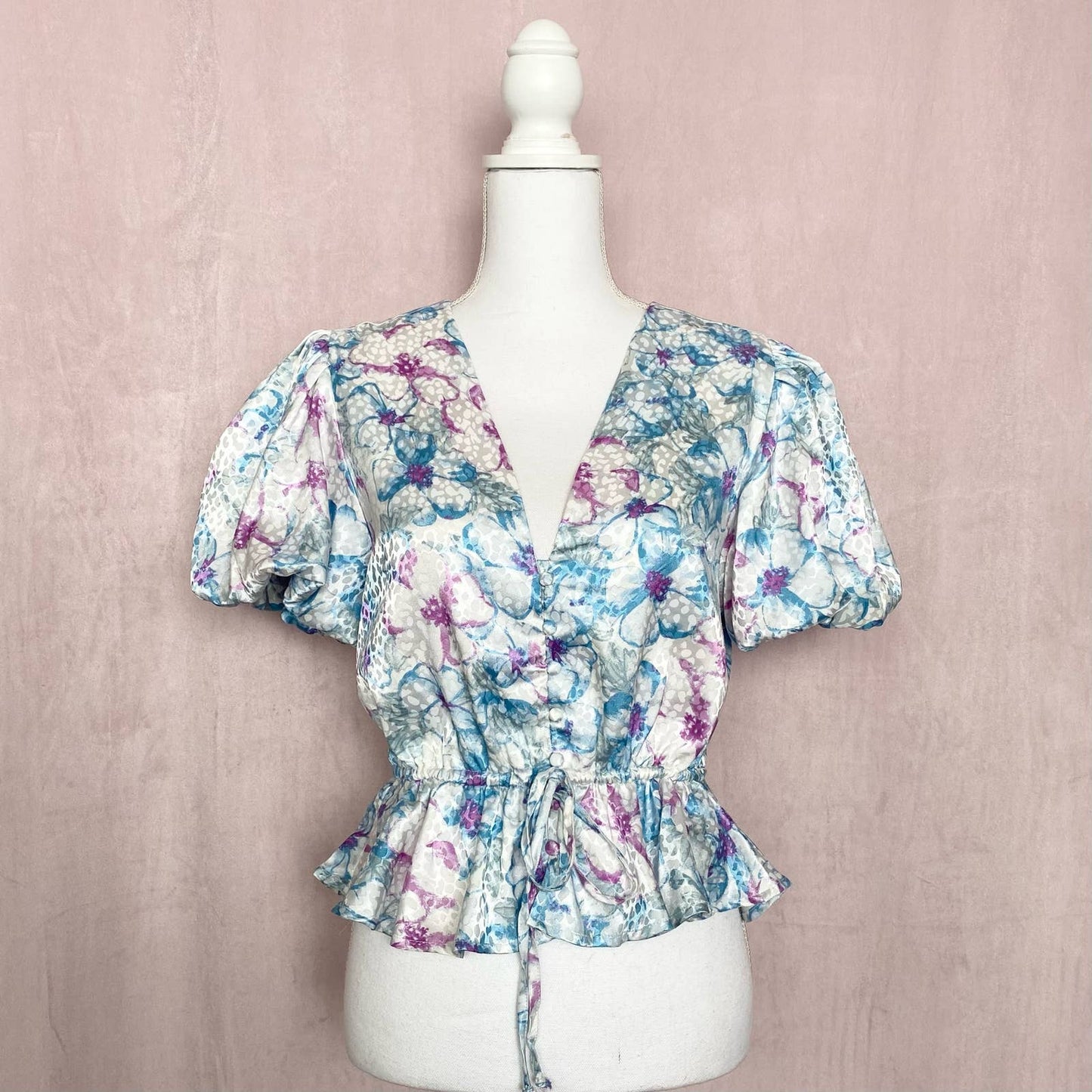 Secondhand Rahi Floral Puff Sleeve V-Neck Button Up Blouse, Size Medium