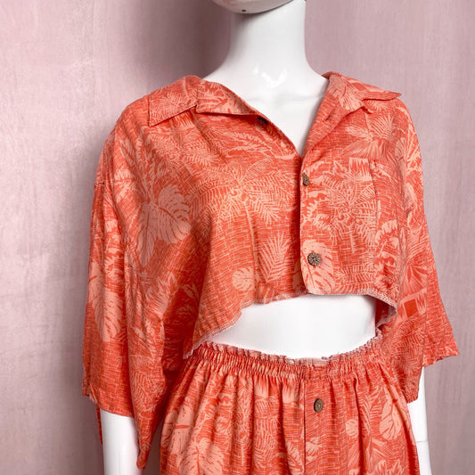 Upcycled Hawaiian Crop Button Up Shirt & Skirt Set, Size Large