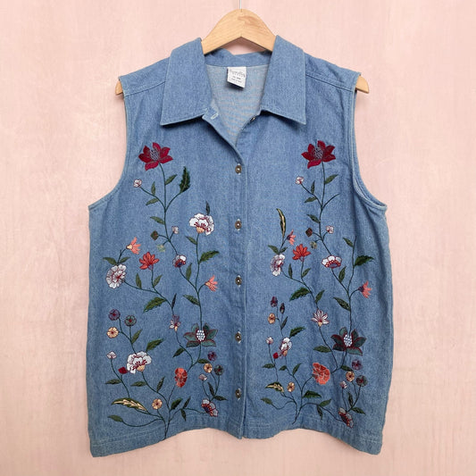 Vintage Cascade Blues Denim Floral Embroidery Vest, Size 1X-18W