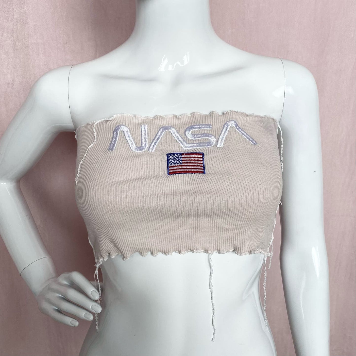 Upcycled Nasa USA Flag Embroidered Ribbed Tube Top, Size Small