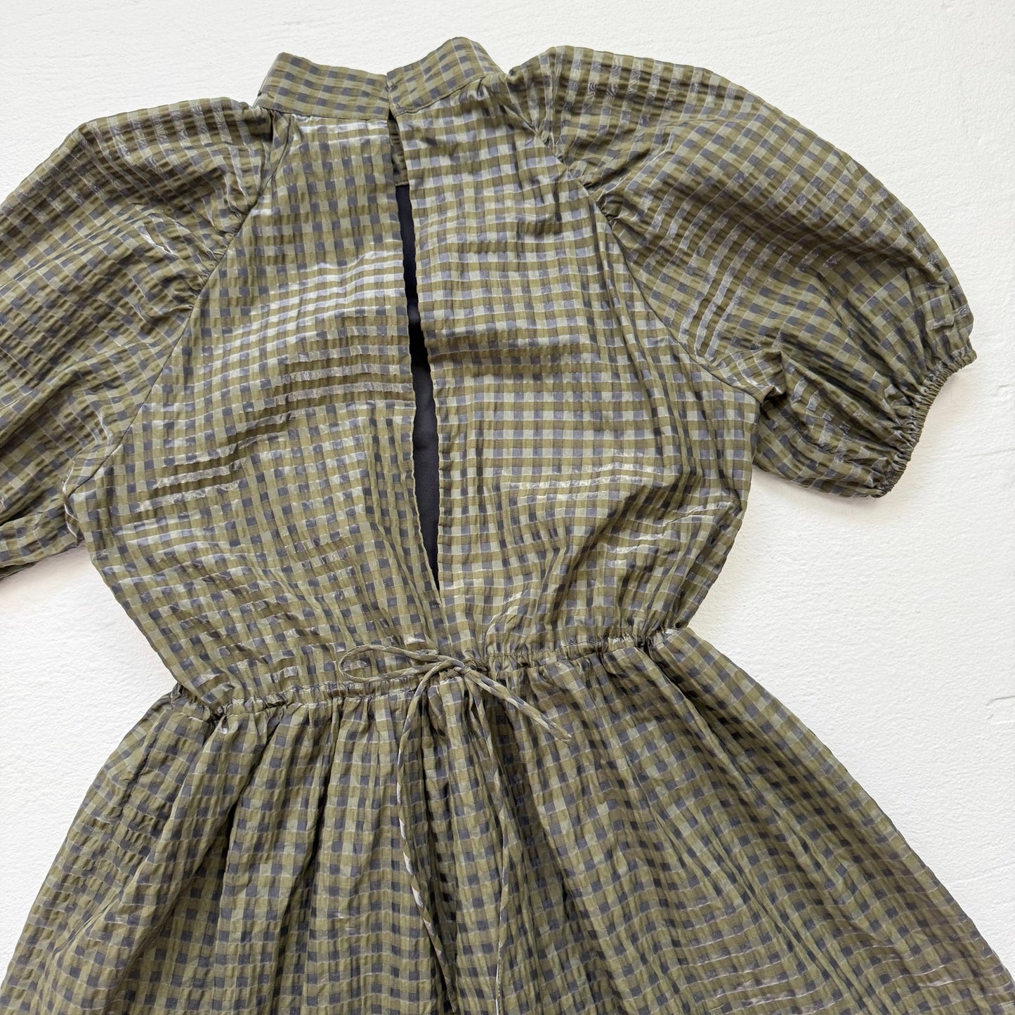 Secondhand H&M Green Plaid Puff Sleeve Babydoll Mini Dress XS