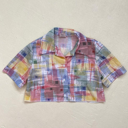 Upcycled Vintage 70s Crop Plaid Button Up Shirt, Size Small