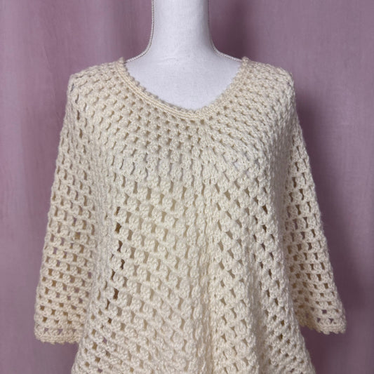 Vintage Handmade Cream Crochet Knit Poncho, One Size