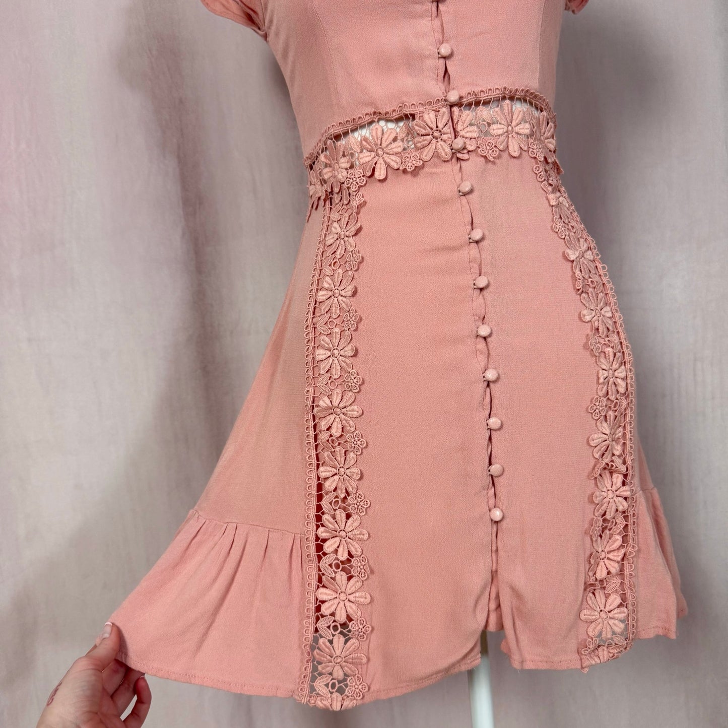 Secondhand Lulus Wistful Wanderer Dusty Pink Lace Mini Dress, Size Small