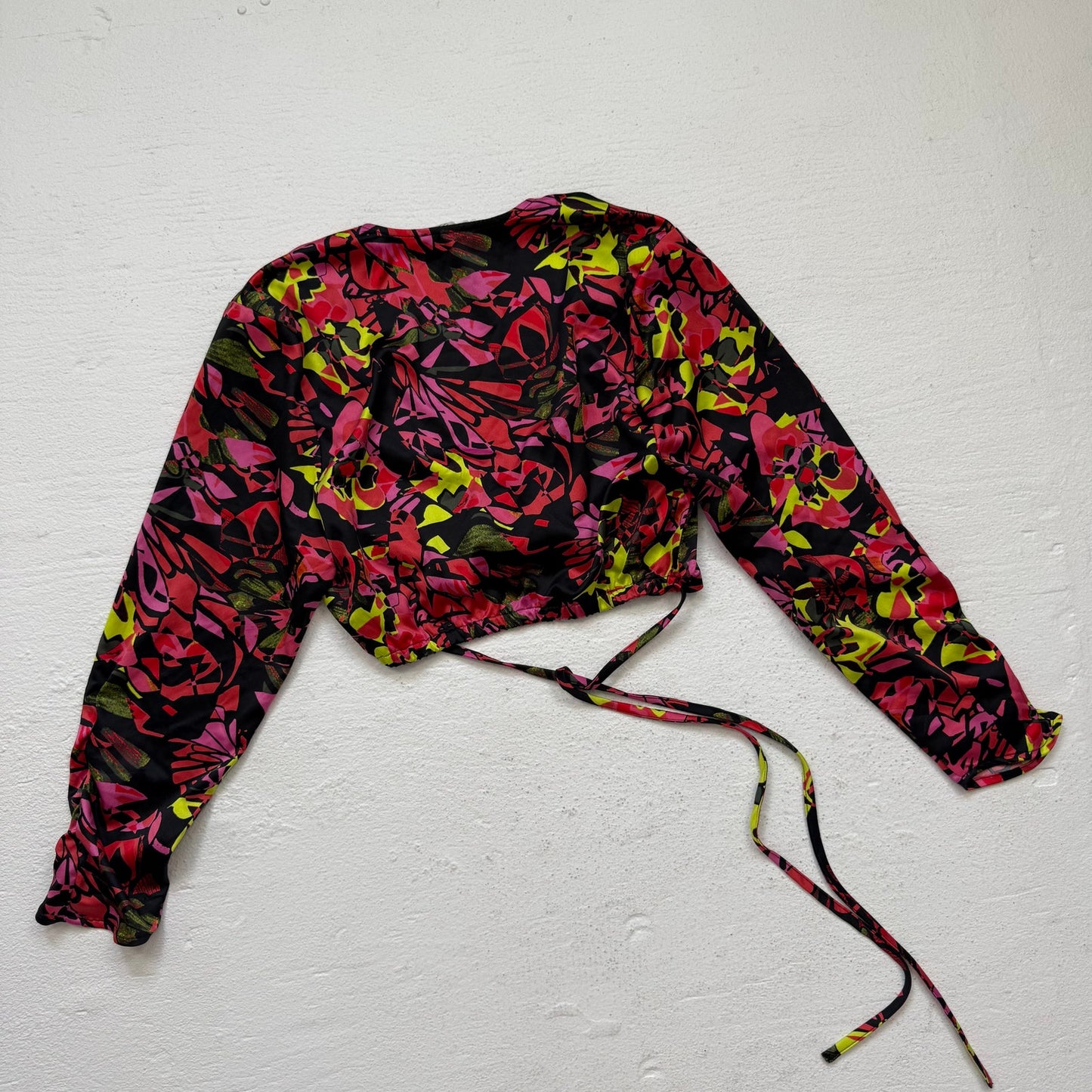 Secondhand Open Edit Satin Floral Wrap Style Crop Top XS Long Sleeve Back Tie Elastic Waist