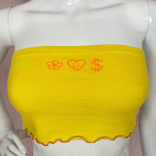 Scrap Fabric Flower Heart Money Yellow Tube Top, Size XS