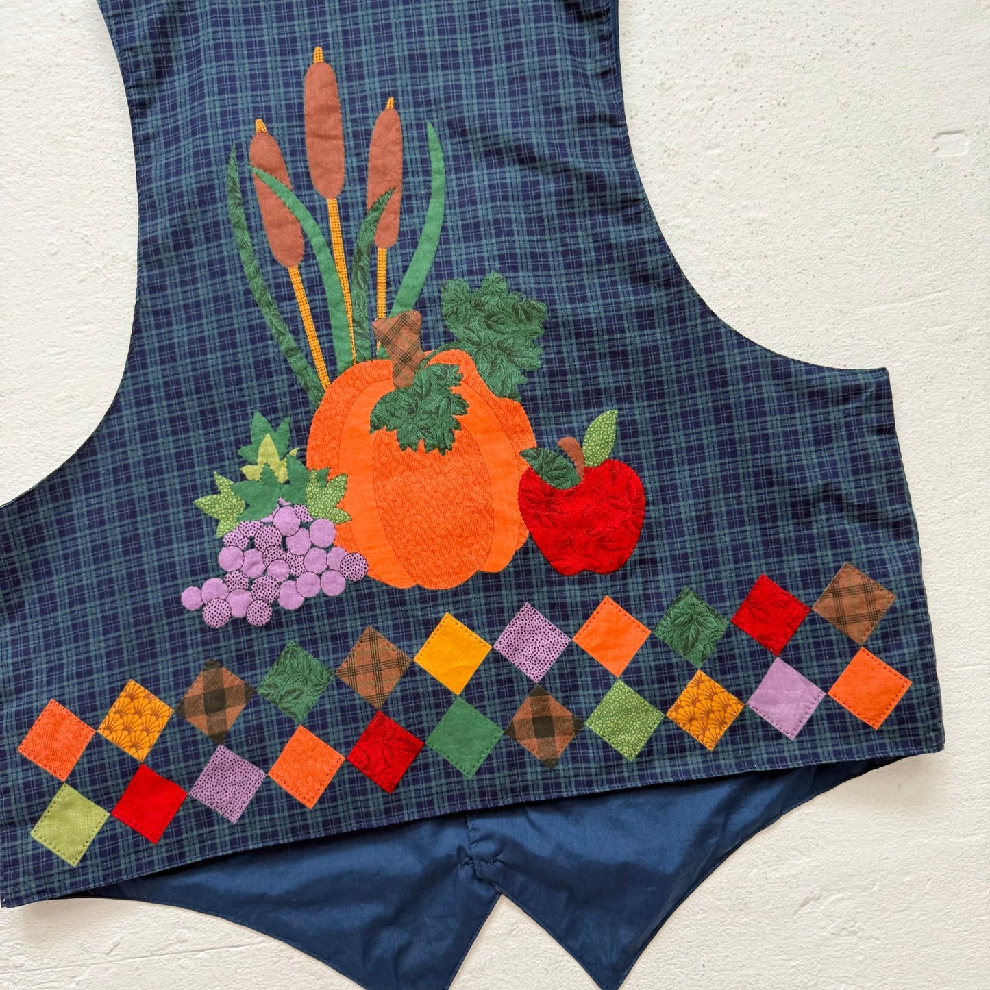 Vintage Navy Green Plaid Harvest Appliqué Vest, Size Large–XL