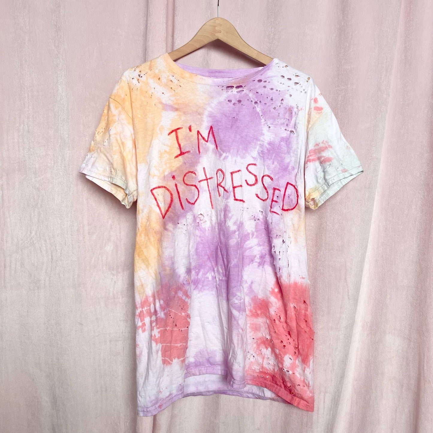 Upcycled I’m Distressed Ripped Tie Dye Tee, Size Large